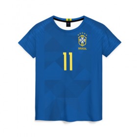 Женская футболка 3D с принтом Coutinho away WC 2018 в Тюмени, 100% полиэфир ( синтетическое хлопкоподобное полотно) | прямой крой, круглый вырез горловины, длина до линии бедер | brazil | coutinho | cup champions | league | world | бразилия | коутиньо