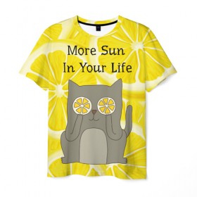 Мужская футболка 3D с принтом More Sun In Your Life в Тюмени, 100% полиэфир | прямой крой, круглый вырез горловины, длина до линии бедер | cat | kitty | lemon | lemonade | limon | pussycat | summer | жара | желтый | кот | котенок | котики | котэ | кошка | лемон | лемонад | лето | лимон | лимонад | позитив | серый | сок | солнце | сочный | фрукт | цитрус | черный | яркий