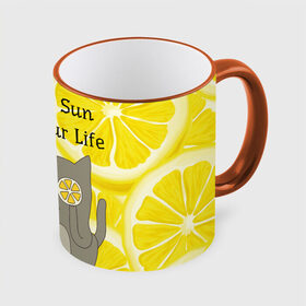Кружка 3D с принтом More Sun In Your Life в Тюмени, керамика | ёмкость 330 мл | cat | kitty | lemon | lemonade | limon | pussycat | summer | жара | желтый | кот | котенок | котики | котэ | кошка | лемон | лемонад | лето | лимон | лимонад | позитив | серый | сок | солнце | сочный | фрукт | цитрус | черный | яркий