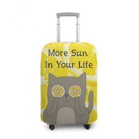 Чехол для чемодана 3D с принтом More Sun In Your Life в Тюмени, 86% полиэфир, 14% спандекс | двустороннее нанесение принта, прорези для ручек и колес | cat | kitty | lemon | lemonade | limon | pussycat | summer | жара | желтый | кот | котенок | котики | котэ | кошка | лемон | лемонад | лето | лимон | лимонад | позитив | серый | сок | солнце | сочный | фрукт | цитрус | черный | яркий