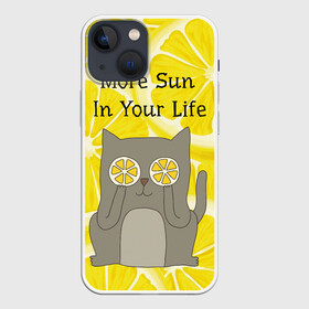 Чехол для iPhone 13 mini с принтом More Sun In Your Life в Тюмени,  |  | cat | kitty | lemon | lemonade | limon | pussycat | summer | жара | желтый | кот | котенок | котики | котэ | кошка | лемон | лемонад | лето | лимон | лимонад | позитив | серый | сок | солнце | сочный | фрукт | цитрус | черный | яркий