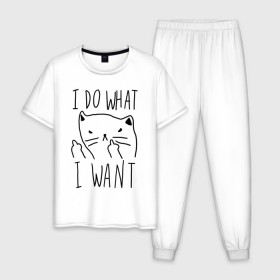 Мужская пижама хлопок с принтом Do What Want в Тюмени, 100% хлопок | брюки и футболка прямого кроя, без карманов, на брюках мягкая резинка на поясе и по низу штанин
 | cat | kitty | кот | кошка