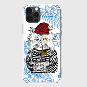 Чехол для iPhone 12 Pro Max с принтом Кот Моряк в Тюмени, Силикон |  | cat | бежевый | бирюзовый | глаза | желтый | коричневый | кот | котенок | котики | котэ | кошка | красный | матрос | матроска | матроскин | пират | полосатый | полоски | трубка | хипстер | черный | шапка