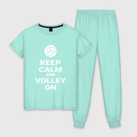 Женская пижама хлопок с принтом Keep calm and volley on в Тюмени, 100% хлопок | брюки и футболка прямого кроя, без карманов, на брюках мягкая резинка на поясе и по низу штанин | Тематика изображения на принте: sport | volleyball | волейбол | спорт