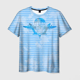 Мужская футболка 3D с принтом ВДВ в Тюмени, 100% полиэфир | прямой крой, круглый вырез горловины, длина до линии бедер | вдв | голубая | никто кроме нас | парашют | полоски | самолеты | тельняшка