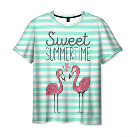 Мужская футболка 3D с принтом Sweet Summer Time в Тюмени, 100% полиэфир | прямой крой, круглый вырез горловины, длина до линии бедер | animal | art | flamingo | love | pink | summer | sweet | time | арт | белый | бирюзовый | жара | животное | лето | любовь | матроска | полоски | рисунок | розовый | роман | сердечки | сердце | серый | фламинго | черный