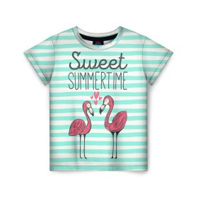 Детская футболка 3D с принтом Sweet Summer Time в Тюмени, 100% гипоаллергенный полиэфир | прямой крой, круглый вырез горловины, длина до линии бедер, чуть спущенное плечо, ткань немного тянется | animal | art | flamingo | love | pink | summer | sweet | time | арт | белый | бирюзовый | жара | животное | лето | любовь | матроска | полоски | рисунок | розовый | роман | сердечки | сердце | серый | фламинго | черный