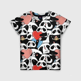 Детская футболка 3D с принтом Пандяшки в Тюмени, 100% гипоаллергенный полиэфир | прямой крой, круглый вырез горловины, длина до линии бедер, чуть спущенное плечо, ткань немного тянется | Тематика изображения на принте: baby | cute | fun | gift | happy | heart | panda | paw | smile | белый | красный | лапа | малыш | милый | мягкий | нежный | няшный | панда | подарок | радость | розовый | сердце | счастье | сюрприз | улыбка | черный