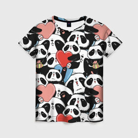 Женская футболка 3D с принтом Пандяшки в Тюмени, 100% полиэфир ( синтетическое хлопкоподобное полотно) | прямой крой, круглый вырез горловины, длина до линии бедер | baby | cute | fun | gift | happy | heart | panda | paw | smile | белый | красный | лапа | малыш | милый | мягкий | нежный | няшный | панда | подарок | радость | розовый | сердце | счастье | сюрприз | улыбка | черный