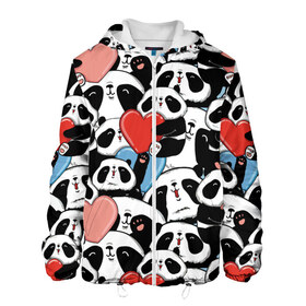 Мужская куртка 3D с принтом Пандяшки в Тюмени, ткань верха — 100% полиэстер, подклад — флис | прямой крой, подол и капюшон оформлены резинкой с фиксаторами, два кармана без застежек по бокам, один большой потайной карман на груди. Карман на груди застегивается на липучку | baby | cute | fun | gift | happy | heart | panda | paw | smile | белый | красный | лапа | малыш | милый | мягкий | нежный | няшный | панда | подарок | радость | розовый | сердце | счастье | сюрприз | улыбка | черный
