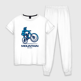 Женская пижама хлопок с принтом Велосипед в Тюмени, 100% хлопок | брюки и футболка прямого кроя, без карманов, на брюках мягкая резинка на поясе и по низу штанин | Тематика изображения на принте: downhill | байк | велосипед | велоспорт | горный | горы | спорт