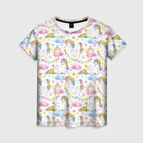 Женская футболка 3D с принтом Акварельные Единороги в Тюмени, 100% полиэфир ( синтетическое хлопкоподобное полотно) | прямой крой, круглый вырез горловины, длина до линии бедер | Тематика изображения на принте: unicorn | единорог | единорожка | мимими | радуга