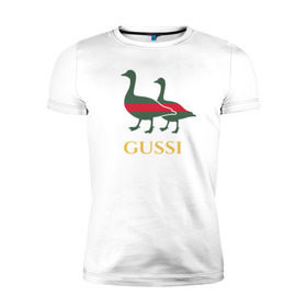 Мужская футболка премиум с принтом Gussi GG в Тюмени, 92% хлопок, 8% лайкра | приталенный силуэт, круглый вырез ворота, длина до линии бедра, короткий рукав | Тематика изображения на принте: gucci | gussi | гуси | гучи