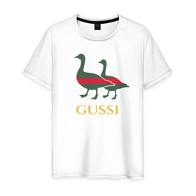 Мужская футболка хлопок с принтом Gussi GG в Тюмени, 100% хлопок | прямой крой, круглый вырез горловины, длина до линии бедер, слегка спущенное плечо. | Тематика изображения на принте: gucci | gussi | гуси | гучи