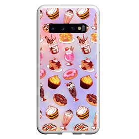 Чехол для Samsung Galaxy S10 с принтом Очень Сладкий Паттерн в Тюмени, Силикон | Область печати: задняя сторона чехла, без боковых панелей | Тематика изображения на принте: блины | вкусняшка | еда | кекс | клубника | коктейль | мороженое | панкейк | пончик | сладости