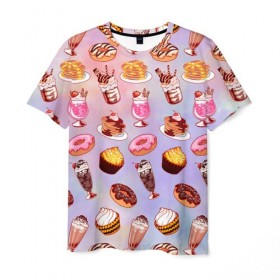 Мужская футболка 3D с принтом Очень Сладкий Паттерн в Тюмени, 100% полиэфир | прямой крой, круглый вырез горловины, длина до линии бедер | Тематика изображения на принте: блины | вкусняшка | еда | кекс | клубника | коктейль | мороженое | панкейк | пончик | сладости
