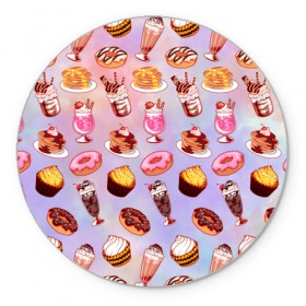 Коврик круглый с принтом Очень Сладкий Паттерн в Тюмени, резина и полиэстер | круглая форма, изображение наносится на всю лицевую часть | Тематика изображения на принте: блины | вкусняшка | еда | кекс | клубника | коктейль | мороженое | панкейк | пончик | сладости
