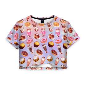 Женская футболка 3D укороченная с принтом Очень Сладкий Паттерн в Тюмени, 100% полиэстер | круглая горловина, длина футболки до линии талии, рукава с отворотами | блины | вкусняшка | еда | кекс | клубника | коктейль | мороженое | панкейк | пончик | сладости