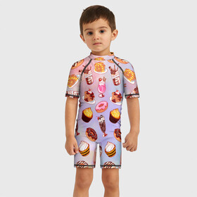 Детский купальный костюм 3D с принтом Очень Сладкий Паттерн в Тюмени, Полиэстер 85%, Спандекс 15% | застежка на молнии на спине | блины | вкусняшка | еда | кекс | клубника | коктейль | мороженое | панкейк | пончик | сладости