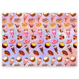 Поздравительная открытка с принтом Очень Сладкий Паттерн в Тюмени, 100% бумага | плотность бумаги 280 г/м2, матовая, на обратной стороне линовка и место для марки
 | блины | вкусняшка | еда | кекс | клубника | коктейль | мороженое | панкейк | пончик | сладости