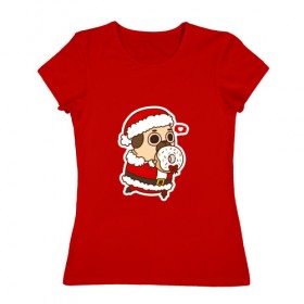 Женская футболка хлопок с принтом Puglie Pug Новогодний в Тюмени, 100% хлопок | прямой крой, круглый вырез горловины, длина до линии бедер, слегка спущенное плечо | 2019 | kawaii | злюка | каваи | мопс | новый год | пес | пончик | собака