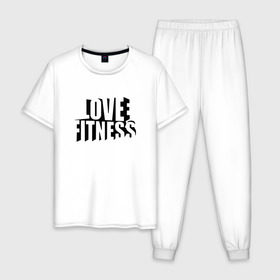 Мужская пижама хлопок с принтом Love fitness в Тюмени, 100% хлопок | брюки и футболка прямого кроя, без карманов, на брюках мягкая резинка на поясе и по низу штанин
 | fitness | sport | yoga | жизни | здоровый | зож | йог | йога | кросфит | линии | надпись | образ | полосы | россии | россия | рф | сборная | символ | состязание | спорт | спортсмен | фитнес