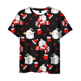 Мужская футболка 3D с принтом Molang Новогодний Паттерн в Тюмени, 100% полиэфир | прямой крой, круглый вырез горловины, длина до линии бедер | Тематика изображения на принте: kawaii | аниме | зайчик | зая | каваи | кролик | мимими | моланг | нг | новый год | рождество | снежинка