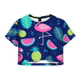 Женская футболка 3D укороченная с принтом Фламинго в Тюмени, 100% полиэстер | круглая горловина, длина футболки до линии талии, рукава с отворотами | flamingo | ананас | арбуз | летние | летняя | лето | листья | текстура | фламинго | фрукты