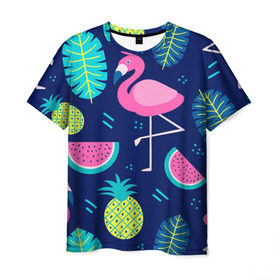 Мужская футболка 3D с принтом Фламинго в Тюмени, 100% полиэфир | прямой крой, круглый вырез горловины, длина до линии бедер | flamingo | ананас | арбуз | летние | летняя | лето | листья | текстура | фламинго | фрукты