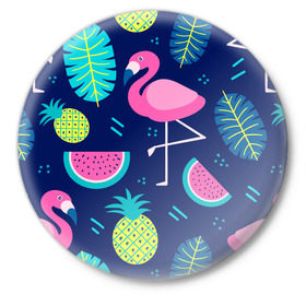 Значок с принтом Фламинго в Тюмени,  металл | круглая форма, металлическая застежка в виде булавки | Тематика изображения на принте: flamingo | ананас | арбуз | летние | летняя | лето | листья | текстура | фламинго | фрукты