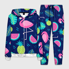 Мужской костюм 3D с принтом Фламинго в Тюмени, 100% полиэстер | Манжеты и пояс оформлены тканевой резинкой, двухслойный капюшон со шнурком для регулировки, карманы спереди | flamingo | ананас | арбуз | летние | летняя | лето | листья | текстура | фламинго | фрукты