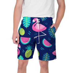 Мужские шорты 3D с принтом Фламинго в Тюмени,  полиэстер 100% | прямой крой, два кармана без застежек по бокам. Мягкая трикотажная резинка на поясе, внутри которой широкие завязки. Длина чуть выше колен | flamingo | ананас | арбуз | летние | летняя | лето | листья | текстура | фламинго | фрукты