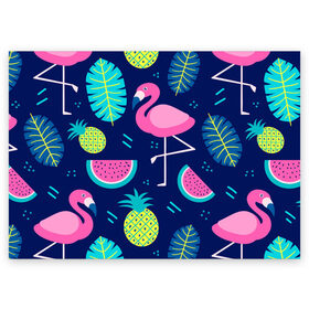 Поздравительная открытка с принтом Фламинго в Тюмени, 100% бумага | плотность бумаги 280 г/м2, матовая, на обратной стороне линовка и место для марки
 | Тематика изображения на принте: flamingo | ананас | арбуз | летние | летняя | лето | листья | текстура | фламинго | фрукты