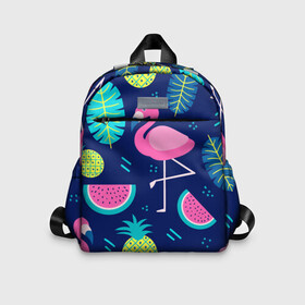 Детский рюкзак 3D с принтом Фламинго в Тюмени, 100% полиэстер | лямки с регулируемой длиной, сверху петелька, чтобы рюкзак можно было повесить на вешалку. Основное отделение закрывается на молнию, как и внешний карман. Внутри дополнительный карман. По бокам два дополнительных кармашка | Тематика изображения на принте: flamingo | ананас | арбуз | летние | летняя | лето | листья | текстура | фламинго | фрукты
