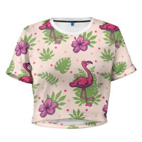 Женская футболка 3D укороченная с принтом Фламинго в Тюмени, 100% полиэстер | круглая горловина, длина футболки до линии талии, рукава с отворотами | 