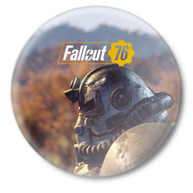 Значок с принтом Fallout 76 в Тюмени,  металл | круглая форма, металлическая застежка в виде булавки | Тематика изображения на принте: fallout | fallout 76 | future | rpg | valt tec | war | wasteland | будущее | война | костюм | постапокалипсис | рпг | фалаут | фолаут | фоллаут | фолыч | ядерная пустошь