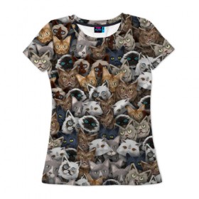 Женская футболка 3D с принтом Коты разных пород в Тюмени, 100% полиэфир ( синтетическое хлопкоподобное полотно) | прямой крой, круглый вырез горловины, длина до линии бедер | бенгальский | кот | котик | котики | кошка | мейн кун | паттерн | персидский | сиамский | сфинкс