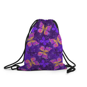 Рюкзак-мешок 3D с принтом Розовые бабочки в Тюмени, 100% полиэстер | плотность ткани — 200 г/м2, размер — 35 х 45 см; лямки — толстые шнурки, застежка на шнуровке, без карманов и подкладки | butterflies | бабочки | паттерн | розовый | фиолетовый