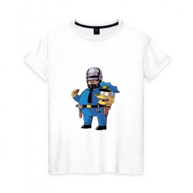 Женская футболка хлопок с принтом Robocop Wiggum в Тюмени, 100% хлопок | прямой крой, круглый вырез горловины, длина до линии бедер, слегка спущенное плечо | 