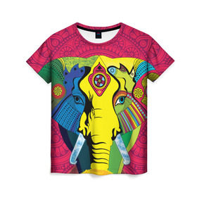 Женская футболка 3D с принтом Мама Индия. Ганеша в Тюмени, 100% полиэфир ( синтетическое хлопкоподобное полотно) | прямой крой, круглый вырез горловины, длина до линии бедер | ганеша | индия | кислота | психоделика | слон | ярко