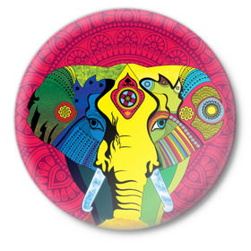 Значок с принтом Мама Индия. Ганеша в Тюмени,  металл | круглая форма, металлическая застежка в виде булавки | ганеша | индия | кислота | психоделика | слон | ярко