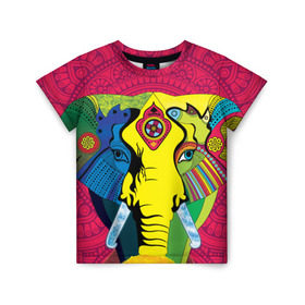Детская футболка 3D с принтом Мама Индия. Ганеша в Тюмени, 100% гипоаллергенный полиэфир | прямой крой, круглый вырез горловины, длина до линии бедер, чуть спущенное плечо, ткань немного тянется | ганеша | индия | кислота | психоделика | слон | ярко