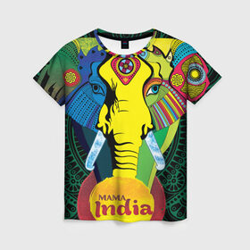 Женская футболка 3D с принтом Мама Индия в Тюмени, 100% полиэфир ( синтетическое хлопкоподобное полотно) | прямой крой, круглый вырез горловины, длина до линии бедер | Тематика изображения на принте: ганеша | гималаи | индия | йога | кислота | практика | психоделика | слон | ярко