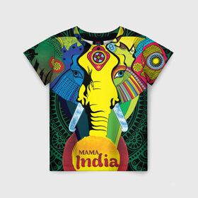 Детская футболка 3D с принтом Мама Индия в Тюмени, 100% гипоаллергенный полиэфир | прямой крой, круглый вырез горловины, длина до линии бедер, чуть спущенное плечо, ткань немного тянется | Тематика изображения на принте: ганеша | гималаи | индия | йога | кислота | практика | психоделика | слон | ярко