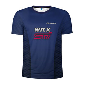 Мужская футболка 3D спортивная с принтом SUBARU WRX STI в Тюмени, 100% полиэстер с улучшенными характеристиками | приталенный силуэт, круглая горловина, широкие плечи, сужается к линии бедра | impreza | sport car | sti | subaru | wrx | авто | логотип | синяя | субарик | субару