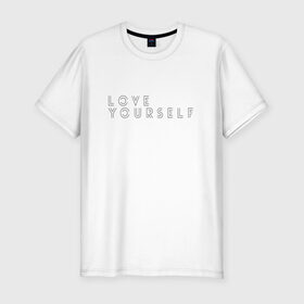 Мужская футболка премиум с принтом LOVE YOURSELF_2 в Тюмени, 92% хлопок, 8% лайкра | приталенный силуэт, круглый вырез ворота, длина до линии бедра, короткий рукав | bangtan boys | bts | бантаны | бтс