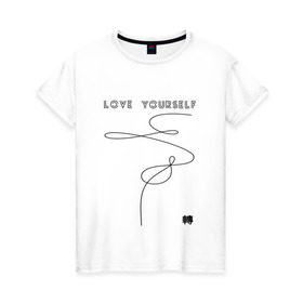 Женская футболка хлопок с принтом LOVE YOURSELF _ в Тюмени, 100% хлопок | прямой крой, круглый вырез горловины, длина до линии бедер, слегка спущенное плечо | bangtan boys | bts | бантаны | бтс
