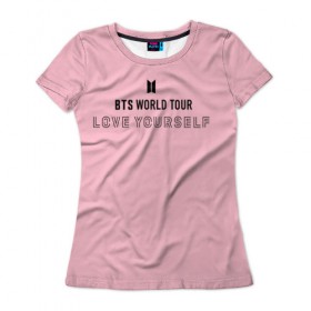 Женская футболка 3D с принтом BTS WORLD TOUR в Тюмени, 100% полиэфир ( синтетическое хлопкоподобное полотно) | прямой крой, круглый вырез горловины, длина до линии бедер | 