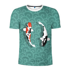 Мужская футболка 3D спортивная с принтом Японские рыбки в Тюмени, 100% полиэстер с улучшенными характеристиками | приталенный силуэт, круглая горловина, широкие плечи, сужается к линии бедра | Тематика изображения на принте: карпы | кои | рыбы | япония