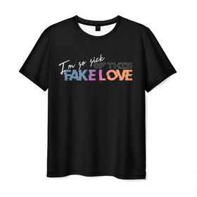 Мужская футболка 3D с принтом FAKE LOVE в Тюмени, 100% полиэфир | прямой крой, круглый вырез горловины, длина до линии бедер | bangtan boys | bts | бантаны | бтс